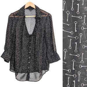 Banana Republic Sheer Skeleton Key Print Blouse L